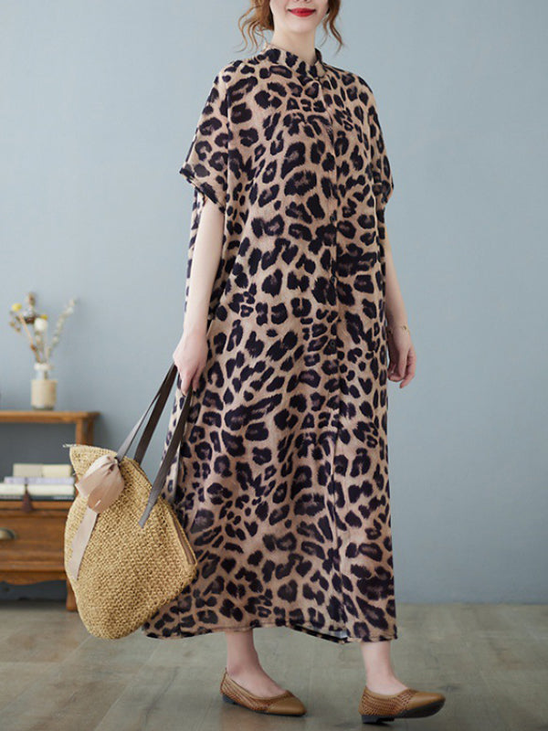 Original Loose Ramie Cotton Leopard Printed Buttoned Stand Collar Midi Shirt Dress