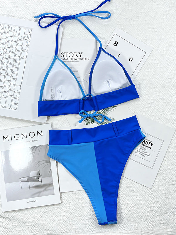 Sexy Lace-Up Contrast Color Split-Joint Bikini Swimwear