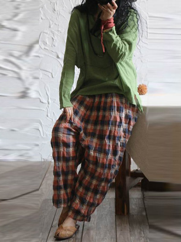 Casual Ramie Cotton Plaid Wide Leg Loose Pants