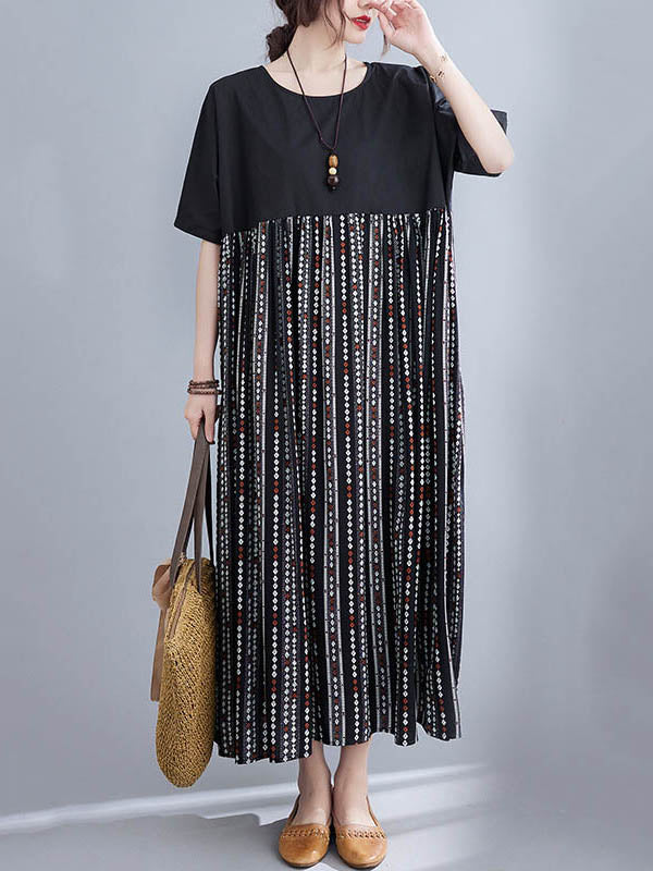 Casual Split-Joint Printed Round-Neck Half Sleeves Loose Midi Dress