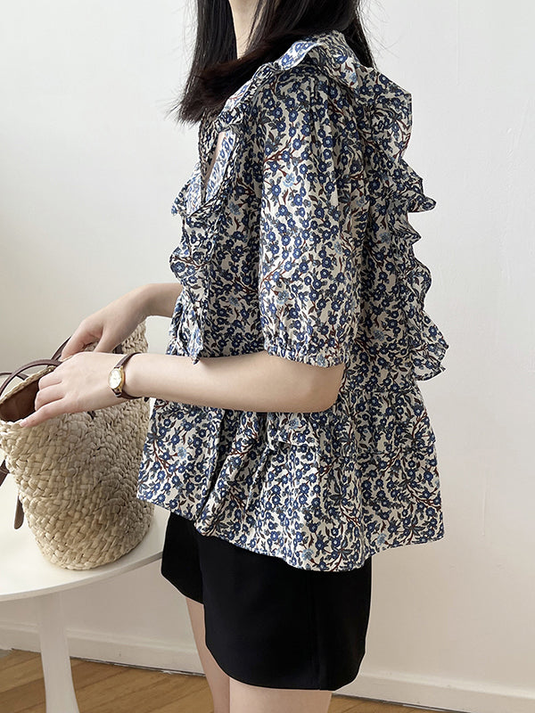 Vintage Loose Falbala Puff Sleeves Floral Printed Blouse