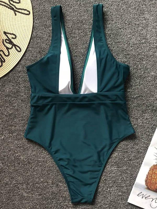 Plain V-neck Buckle One-piece Swimsuit