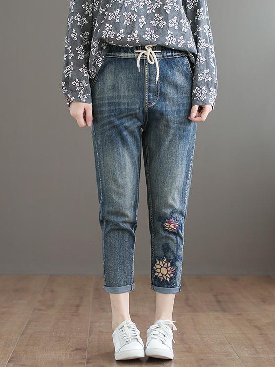 Embroidered Strap Elastic National Jeans Bottom