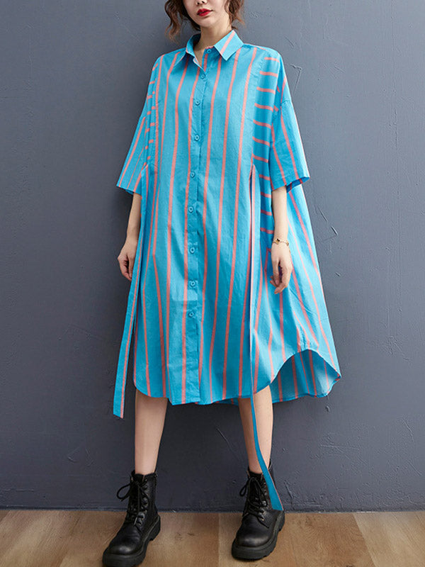 Stylish Striped Tied Buttoned Half Sleeves Lapel Collar Loose Midi Shirt Dress