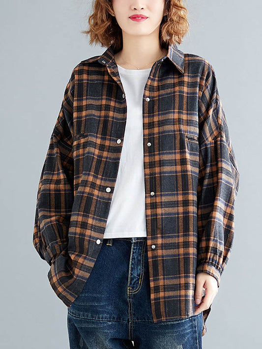 Artistic Retro Plaid Buttoned Lapel Collar Long Sleeves Blouse