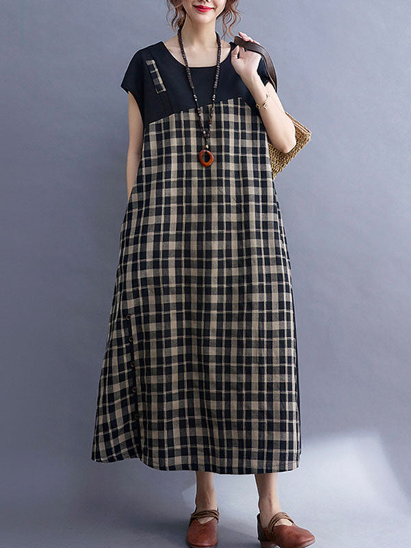 Vintage Plaid Split-Joint Round-Neck Midi Dress