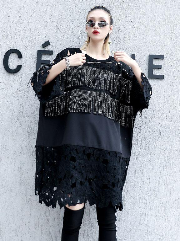 Lace&Tassel Split-joint Long T-shirt