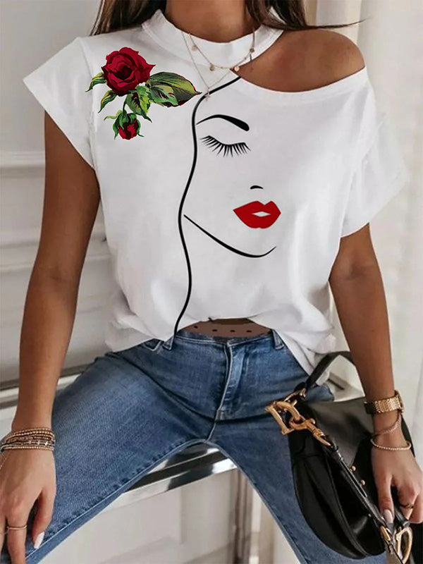 Original One-Shoulder Floral Face Printed T-Shirt Top