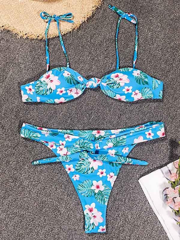 Knotted Bandeau Belted Split Bikini Swimsuit