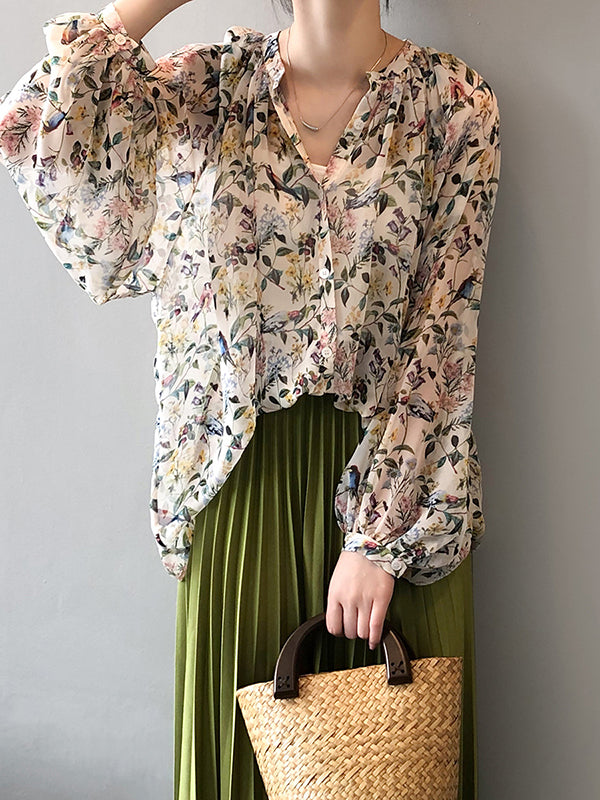 Urban Multi-Colored Floral Printed Puff Sleeves Chiffon Blouse