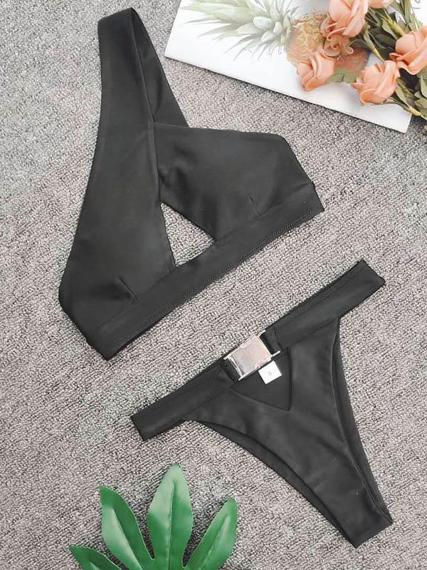 One Shoulder Top Plain Bikini Set