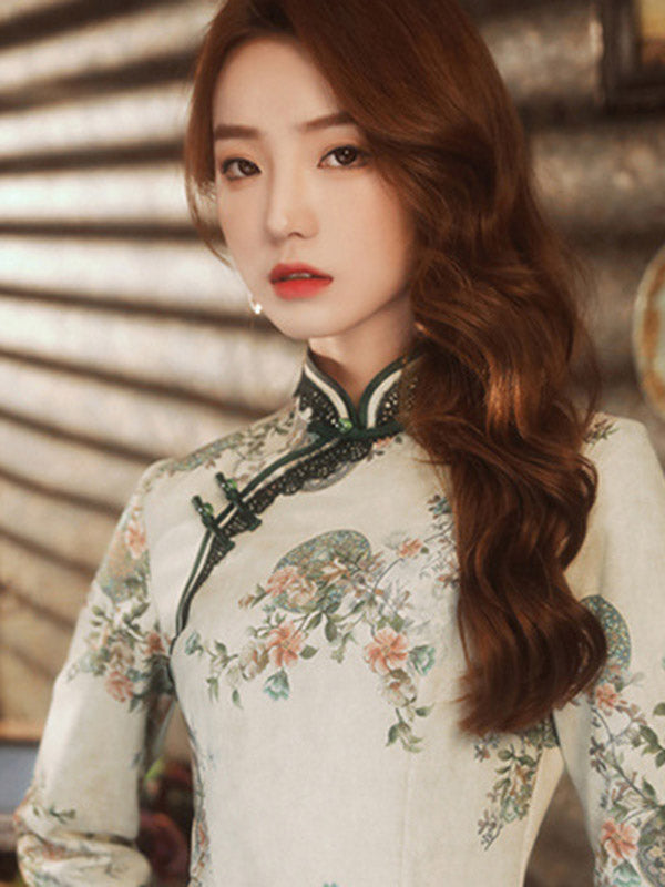 Vintage Floral Printed Split-Joint Lace Stand Collar Half Sleeves Long Cheongsams