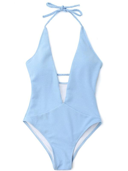 Solid Halterneck One-piece Swimwear