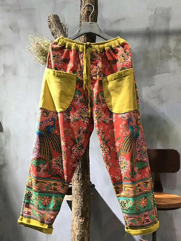 National Floral Print Split-joint Harem Pants