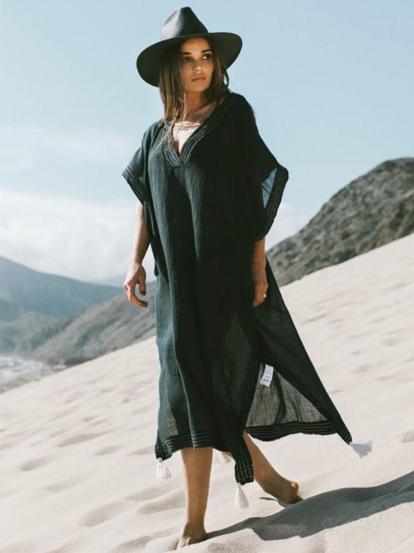 Soft Black V-neck Split-side Beach Long Dress Cover-up