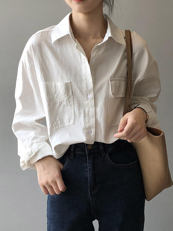 Causal Simple Solid Color Split-Joint With Pocket Buttoned Lapel Collar Long Sleeves Blouse