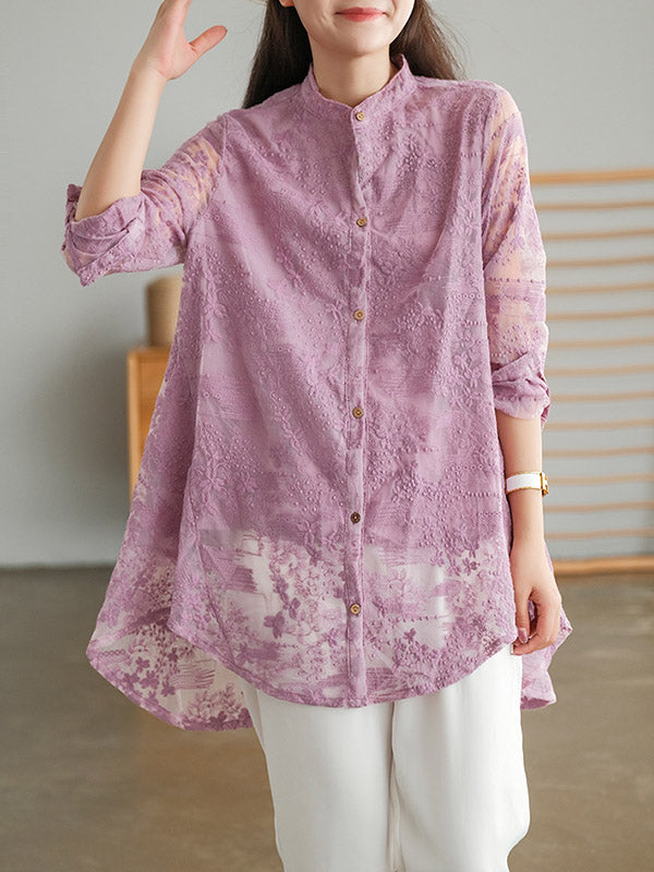 Artistic Retro Solid Color Lace Embroidered Buttoned Lapel Collar Blouse