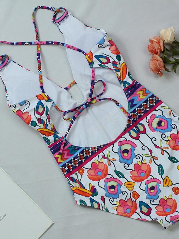 Printed Backless One-piece Swimwear