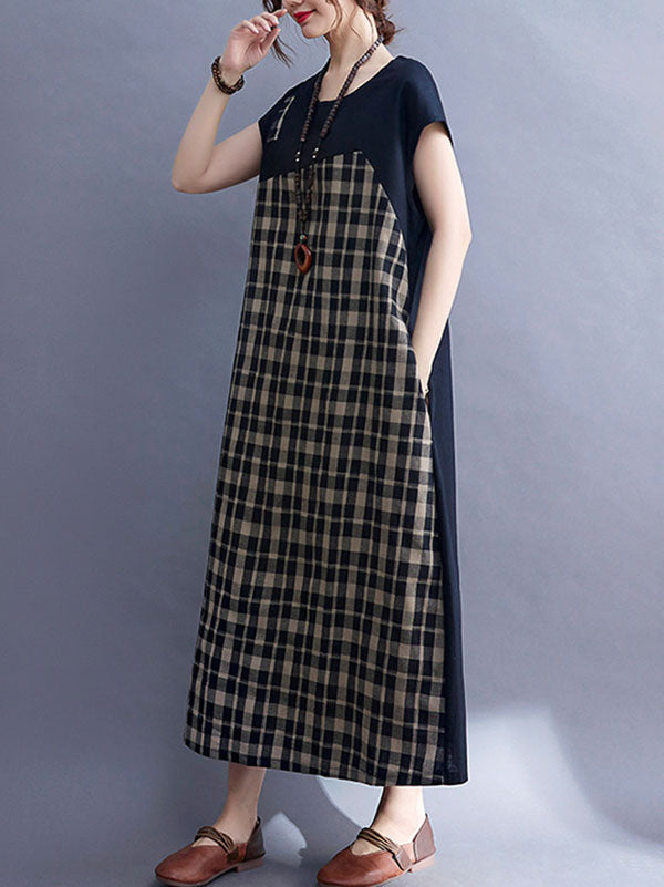 Vintage Plaid Split-Joint Round-Neck Midi Dress