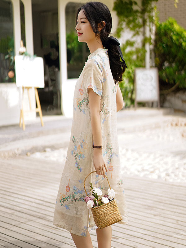 Vintage Ramie Cotton Floral Printed Stand Collar Split-Side Short Sleeves Dress Long Cheongsam