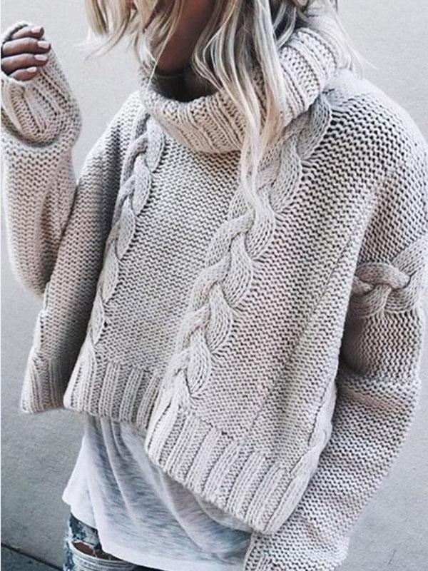 High-neck Long Sleeves Solid Color Sweater Tops