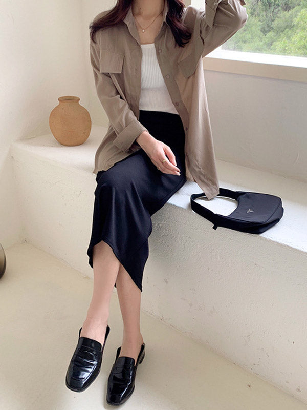 Simple Solid Color Buttoned Lapel Sun Protection Long Sleeves Blouse Tops