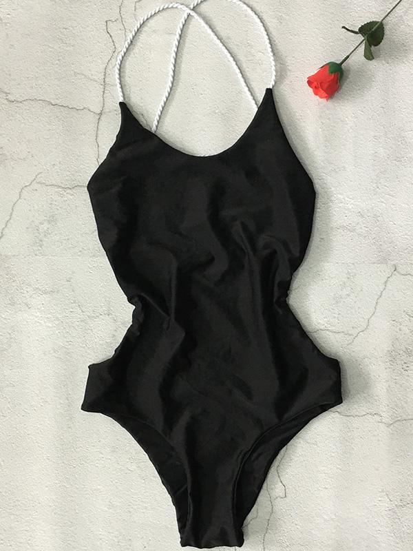 Backless Plain One-piece Swimwear