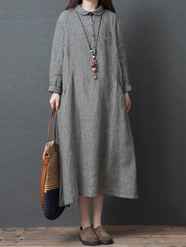 Linen Plaid Plus Size Loose Shirt Midi Dresses