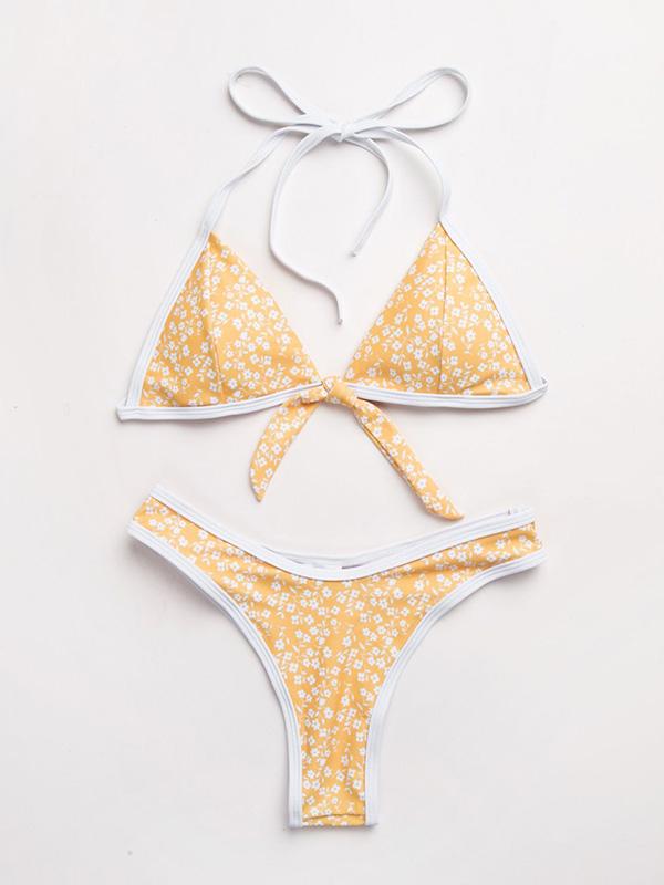 Sexy Spaghetti-Neck  Bandage  Little Flower Split Type Bikini Swimsuit