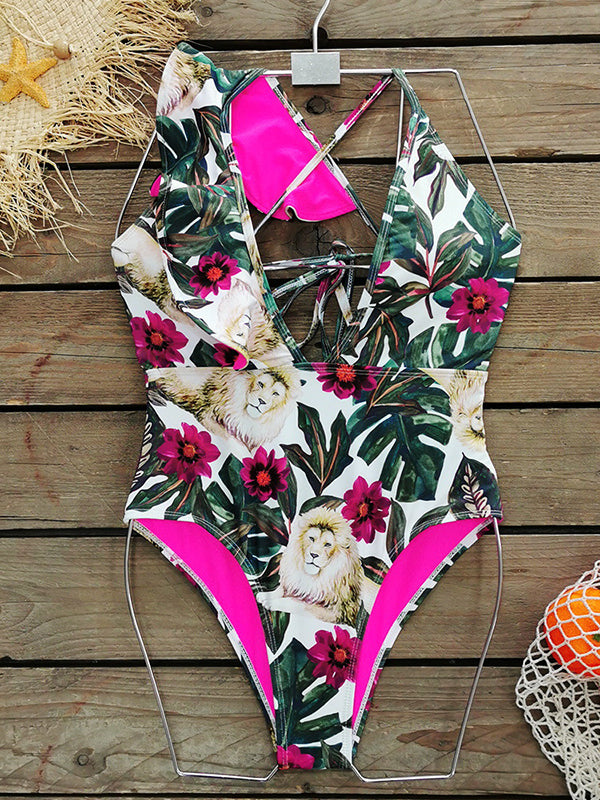 Floral Lion Print Falbala One Shoulder One-Piece Swimsuit