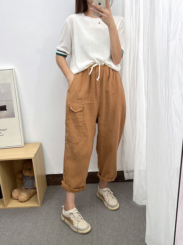 Simple Casual Loose Ramie Cotton Solid Color Drawstring Harem Pants