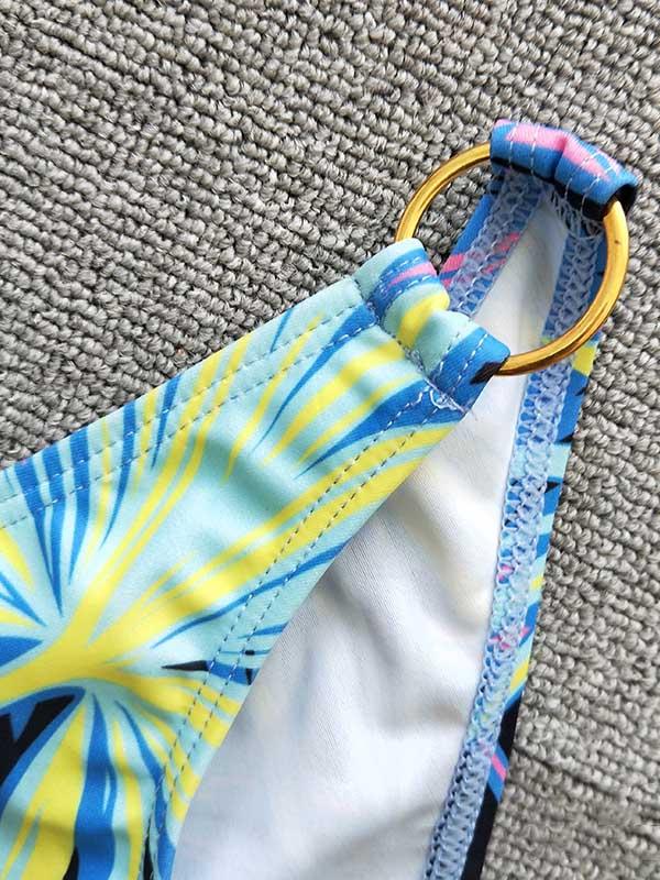 Metal Ring Leaf Print Bikini Swimsuit