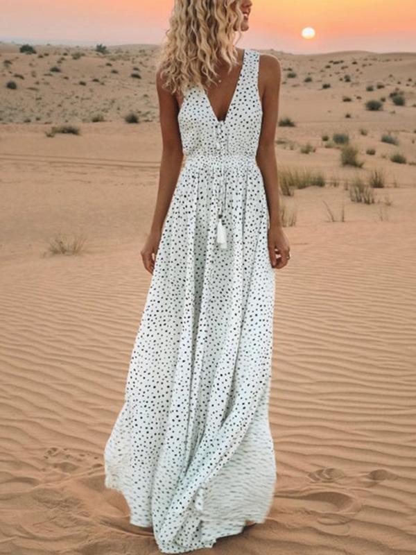 Pretty Bohemia Polka-dot  V Neck Maxi Dress