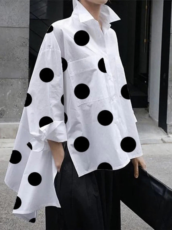 Fashion Buttoned High-Low Polka-Dot Split-Side Lapel Long Sleeves Blouse