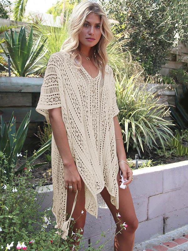 Loose Hollow Vacation Half Sleeve V Neck Beach Cover-Ups