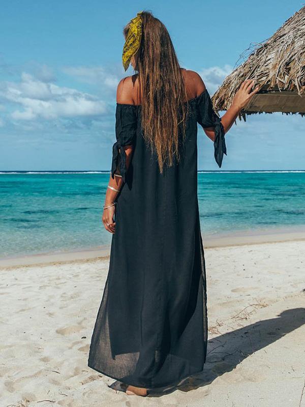 Off Shoulder Split-side Solid Beach Maxi Dresses