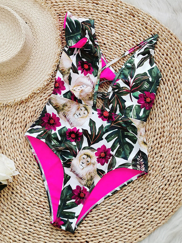 Floral Lion Print Falbala One Shoulder One-Piece Swimsuit