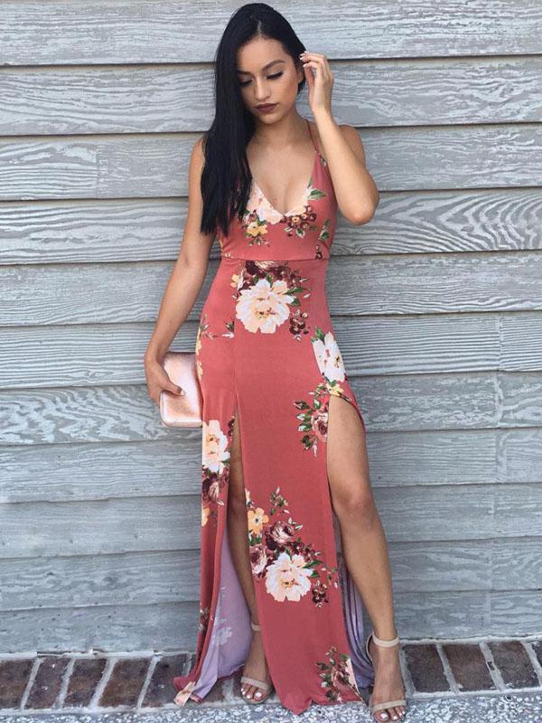 Sexy V-Neck Printed Spaghetti-Neck Split-Front Maxi Dresses