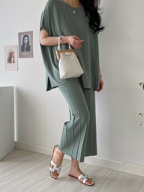 Casual Solid Color Split-Side Round-Neck Batwing Short Sleeves T-Shirt+Pleated Wide Leg Pants 2 Pieces Set