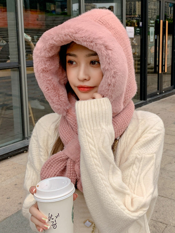 Casual Warm Solid Color With Scarf Knitted Hat