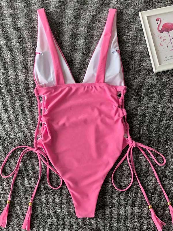 Plain Plunging Lace Up One-piece Swimsuit