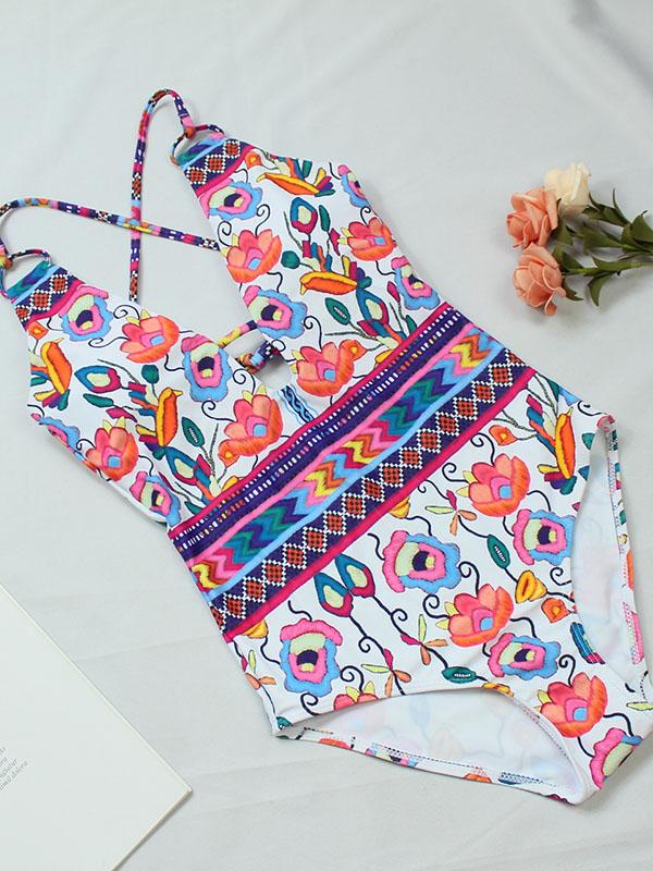 Printed Backless One-piece Swimwear