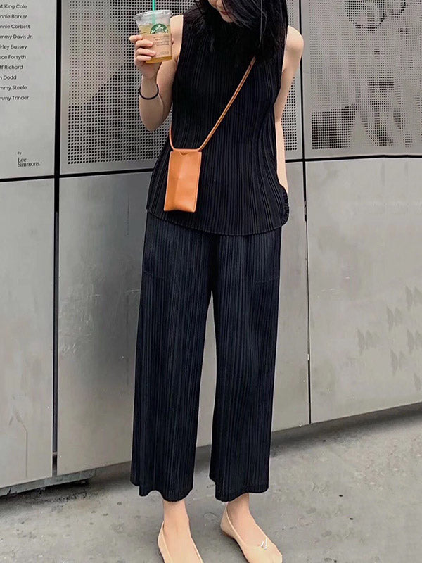 Simple Solid Color Empire Waisted Column Loose Ninth Wide-Leg Pants