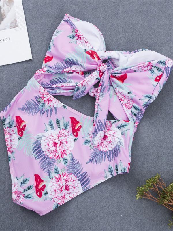 Hollow Printed Knot One-piece Swimwear