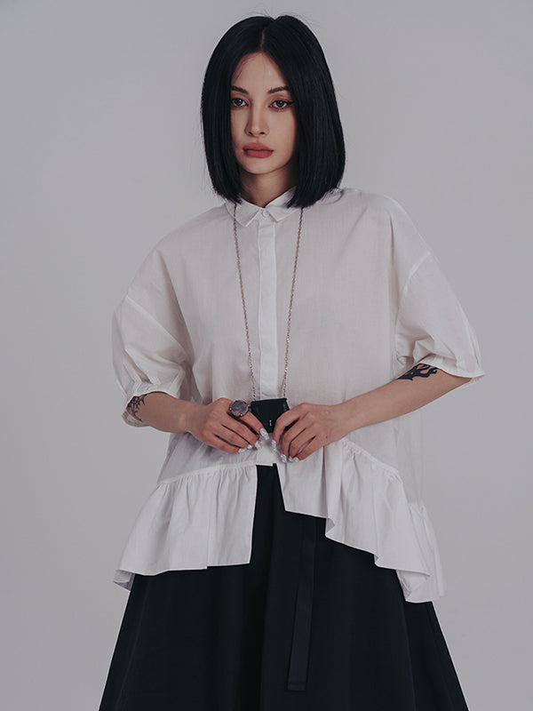 Urban Asymmetric Falbala Black White Solid Color Blouse