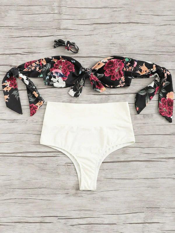 Sexy Strapless Knotted Printing Split Type Bikini Swimsuit