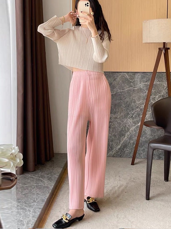 Simple Solid Color Empire Waisted Column Loose Ninth Wide-Leg Pants