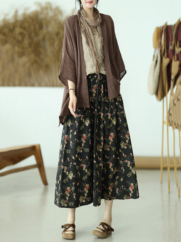 Stylish Ramie Cotton Floral Printed Loose A-Line Skirts