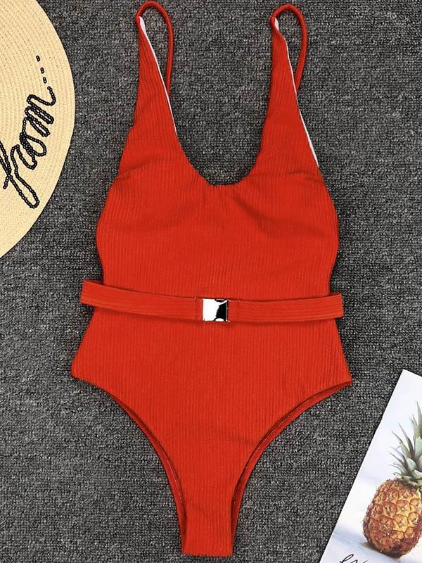 Solid Belted Sexy One-piece Swimwear