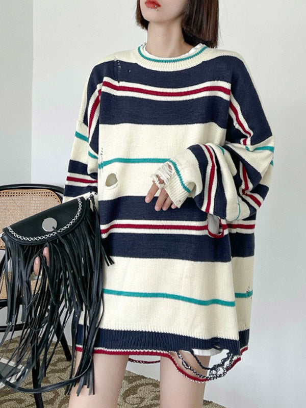 Original Stylish Loose Striped Hole Round-Neck Long Sleeves Knitted Sweater Tops